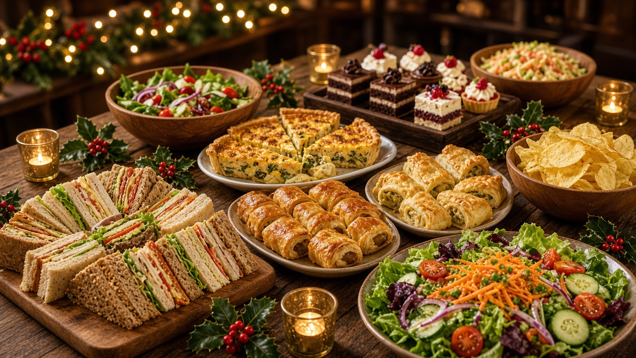 A festive party buffet with sandwiches, sausage rolls and cakes