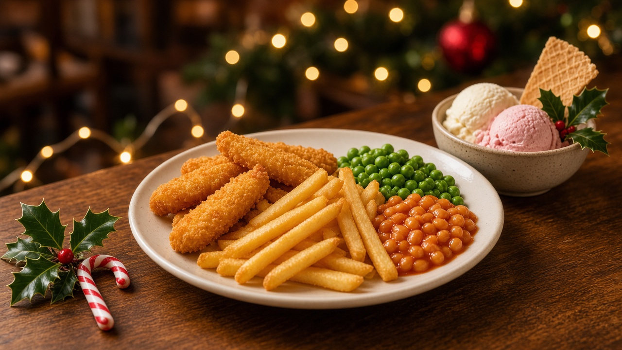 A children's festive meal with nuggets, fries and ice cream