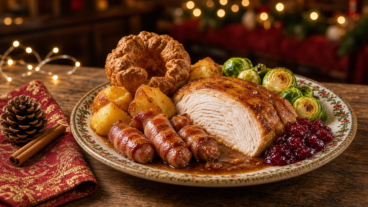 Christmas roast turkey dinner with pigs in blankets and all the trimmings