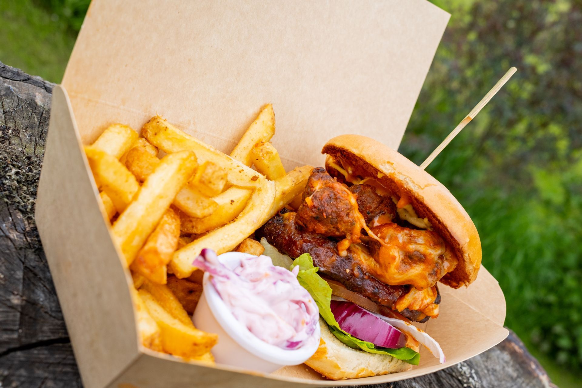 Burger and chips in the beer garden