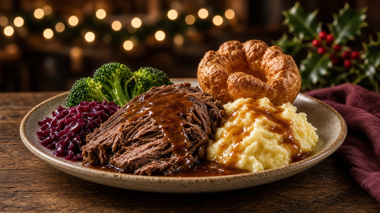 A winter roast dinner with mash, Yorkshire pudding and gravy